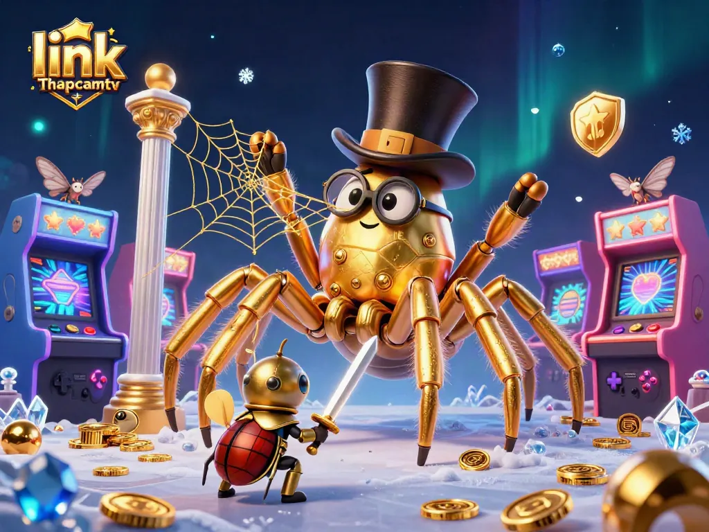 Engage with exciting bets at link Thapcamtv featuring a giant golden spider weaving casino dreams.