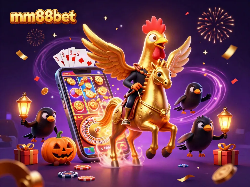 Experience the thrill of mm88bet with a golden rooster and mystical elements in a vibrant casino setting.