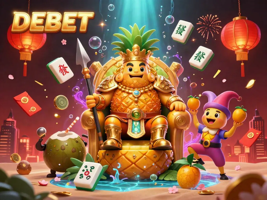 Experience the excitement of DEBET with a vibrant illustration featuring a golden pineapple king and lively characters in a beach casino setting.
