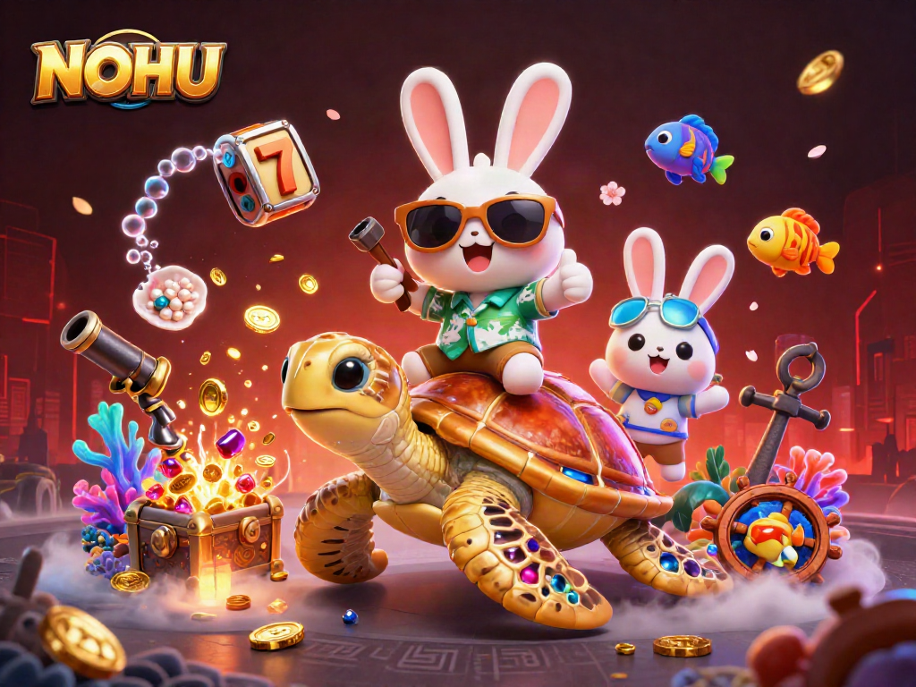 Engage with NOHU's casino excitement through a vibrant scene of a lucky rabbit and golden turtle.