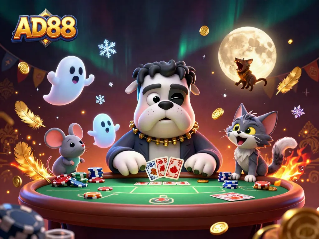 AD88 casino-themed illustration showing a Frankenstein bulldog dealing cards with gold moon impact.
