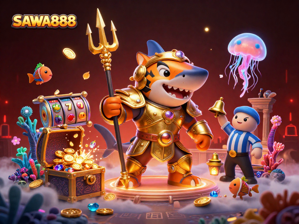 Experience thrilling wins with SAWA888 in an underwater casino adventure featuring vibrant slot reels and treasures.