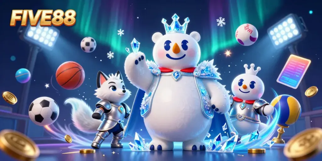 Engage with FIVE88 in a dynamic 3D casino scene showcasing thrilling sports betting elements.