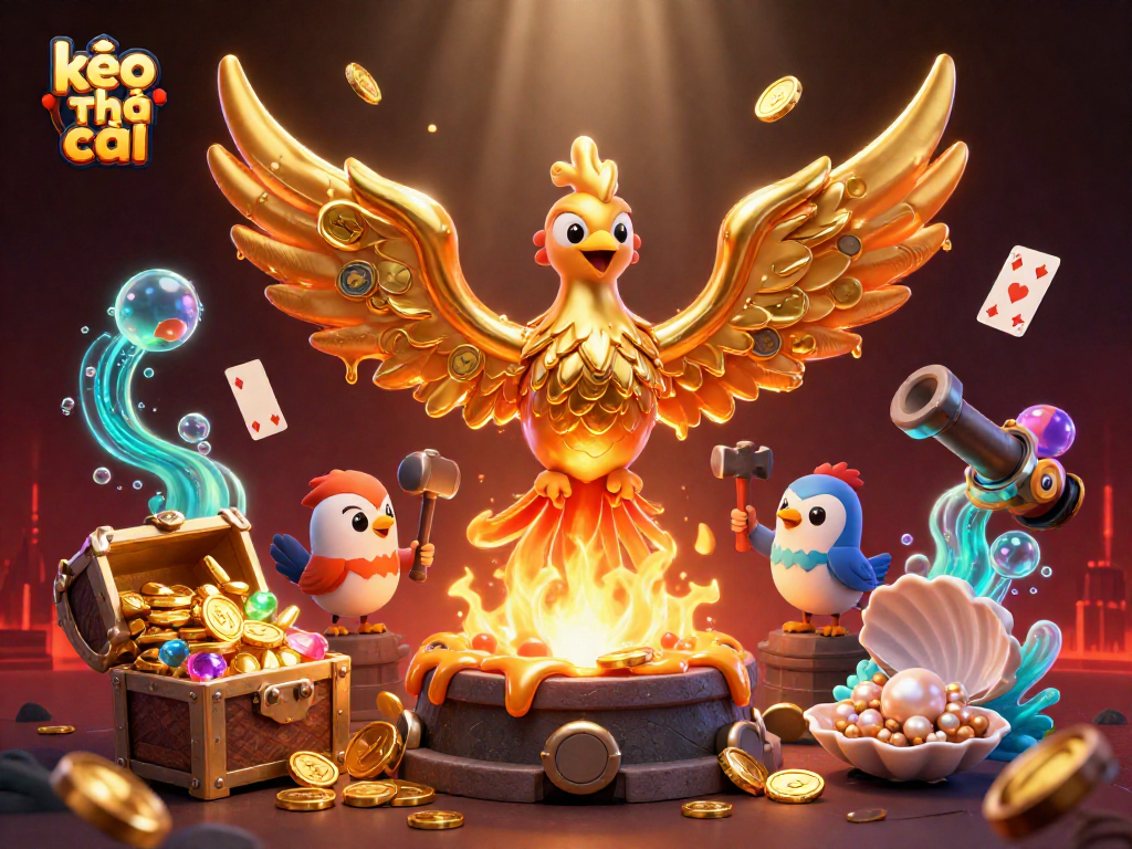 Engage with kèo nhà cái in a vibrant casino world featuring a molten gold phoenix, treasures, and playful elements.