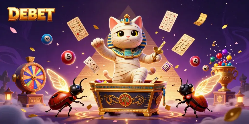 Experience vibrant DEBET gaming action with Egyptian mummy cat and golden elements