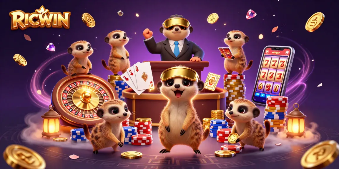 Join the fun at RICWIN casino with meerkats gaming and winning in vibrant 3D illustration.