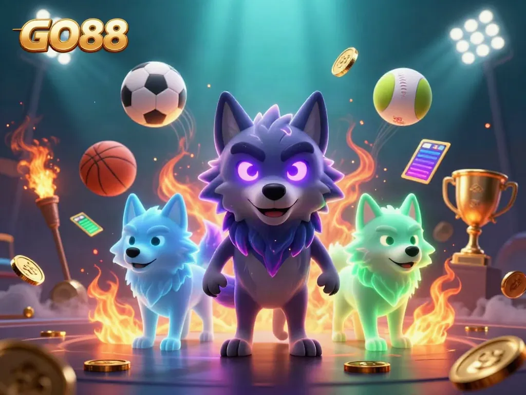 Experience the thrill of GO88 with dynamic sports elements and vibrant energy in this 3D illustration.