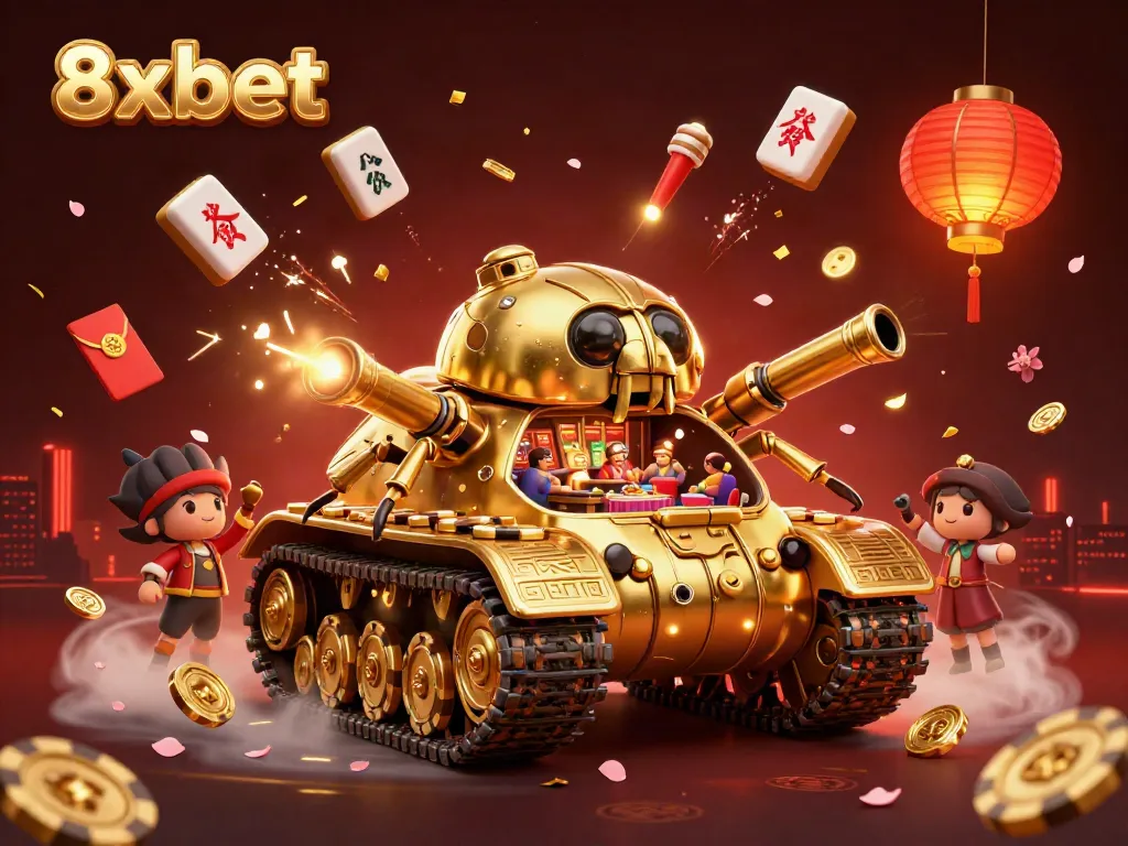 Engage in thrilling gaming action at 8xbet with a colorful 3D casino scene full of excitement.
