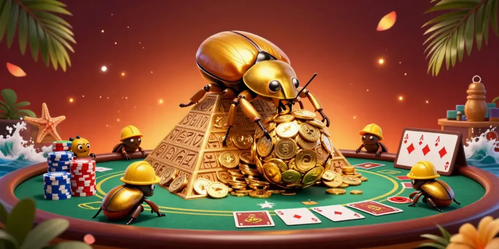 Experience excitement at UK88 with golden beetles rolling coins in a vibrant casino scene.