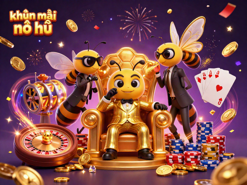 Spin to win with khuyến mãi nổ hũ as a bumblebee mob boss oversees a vibrant casino scene.