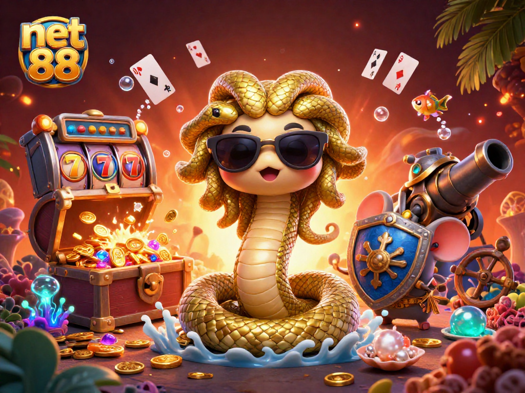 Spin the net 88 slot reels with an enchanting Medusa and warrior mouse amidst vibrant casino elements.