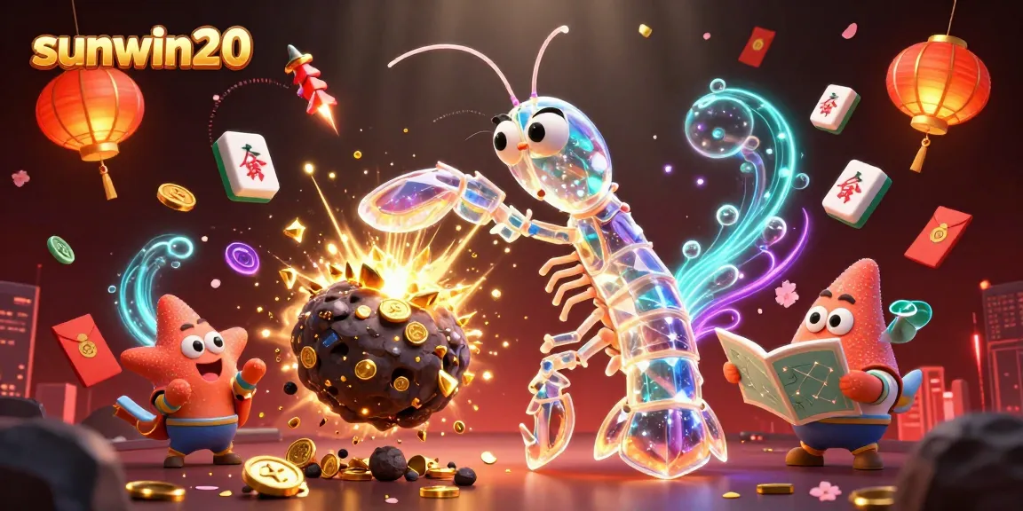 Engage with sunwin20 showcasing a galactic samurai mantis shrimp bursting through an asteroid, revealing shining gems and coins.