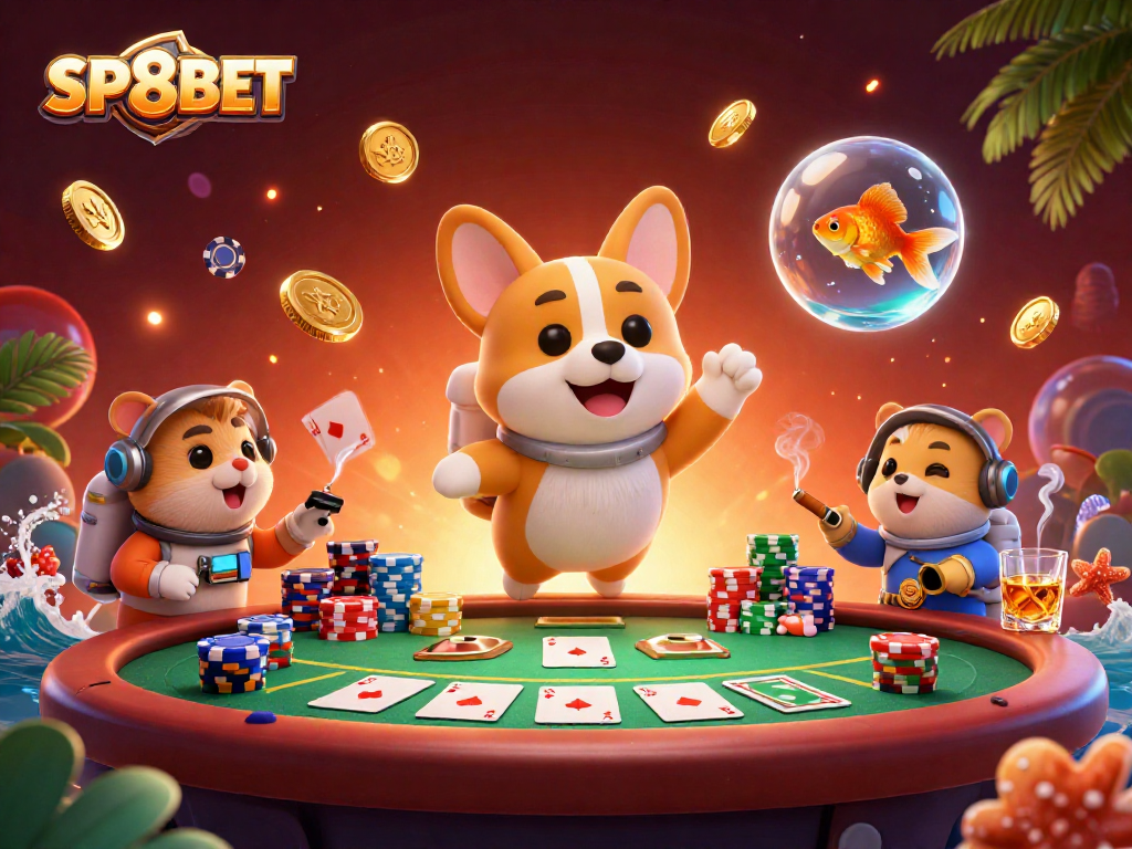 SP8BET offers an immersive gaming experience in a vibrant, animated casino scene