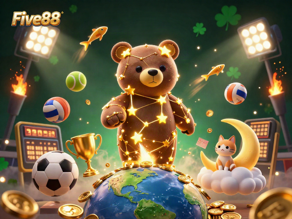 Engage with Five88 sports gaming visual featuring dynamic cartoon characters and betting elements.
