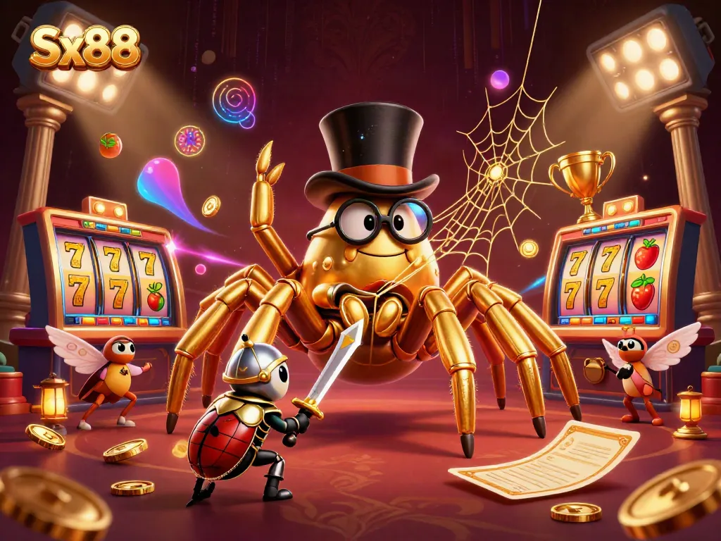Engage with Sx88 slot machine action showcasing golden tarantula and beetle knight in a vibrant casino scene.
