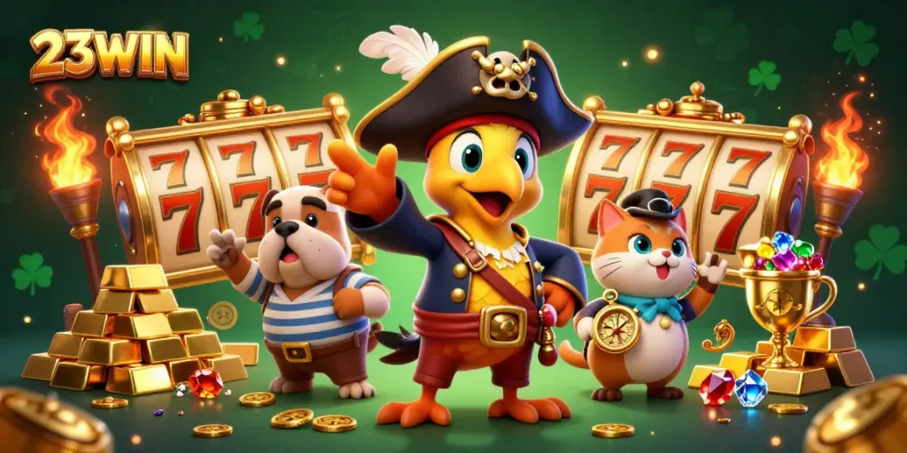 Spin big wins with 23WIN, featuring a pirate captain and rich casino treasures in a vibrant gaming scene.