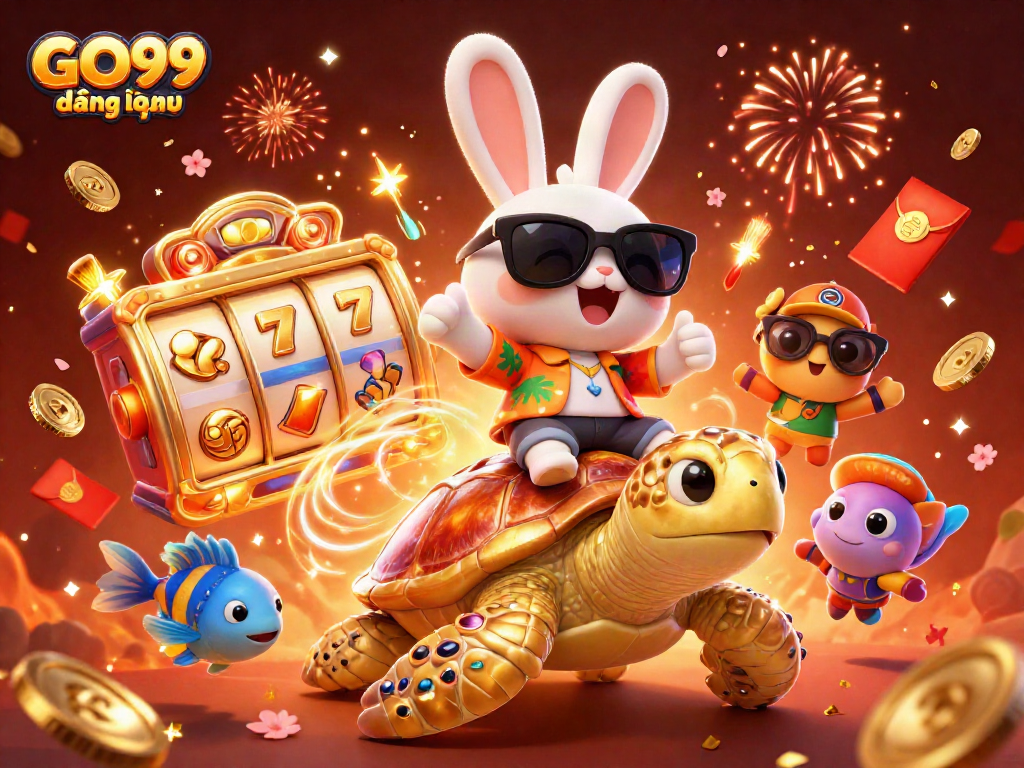 Play at GO99 đăng nhập with a lucky rabbit and golden sea turtle in a vibrant casino scene.