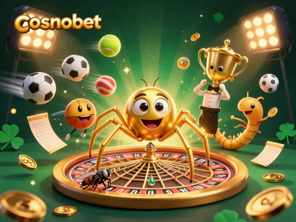 Experience thrilling bets at Cosmobet's vibrant casino and sports scene with golden spider and centipede characters.
