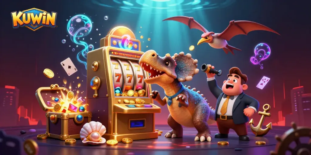 KUWIN casino illustration with a dinosaur theme, showcasing a pachycephalosaurus and a jackpot.