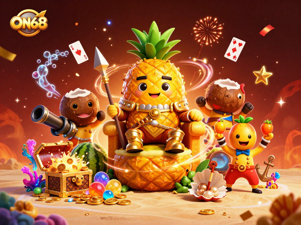 Bet on ON68 with excitement in a vibrant 3D beach casino scene packed with engaging characters and dynamic elements.