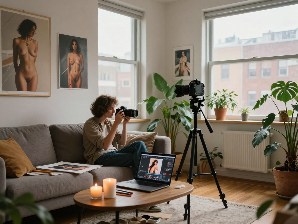 nsfw artistic photography scene in cozy apartment with natural light