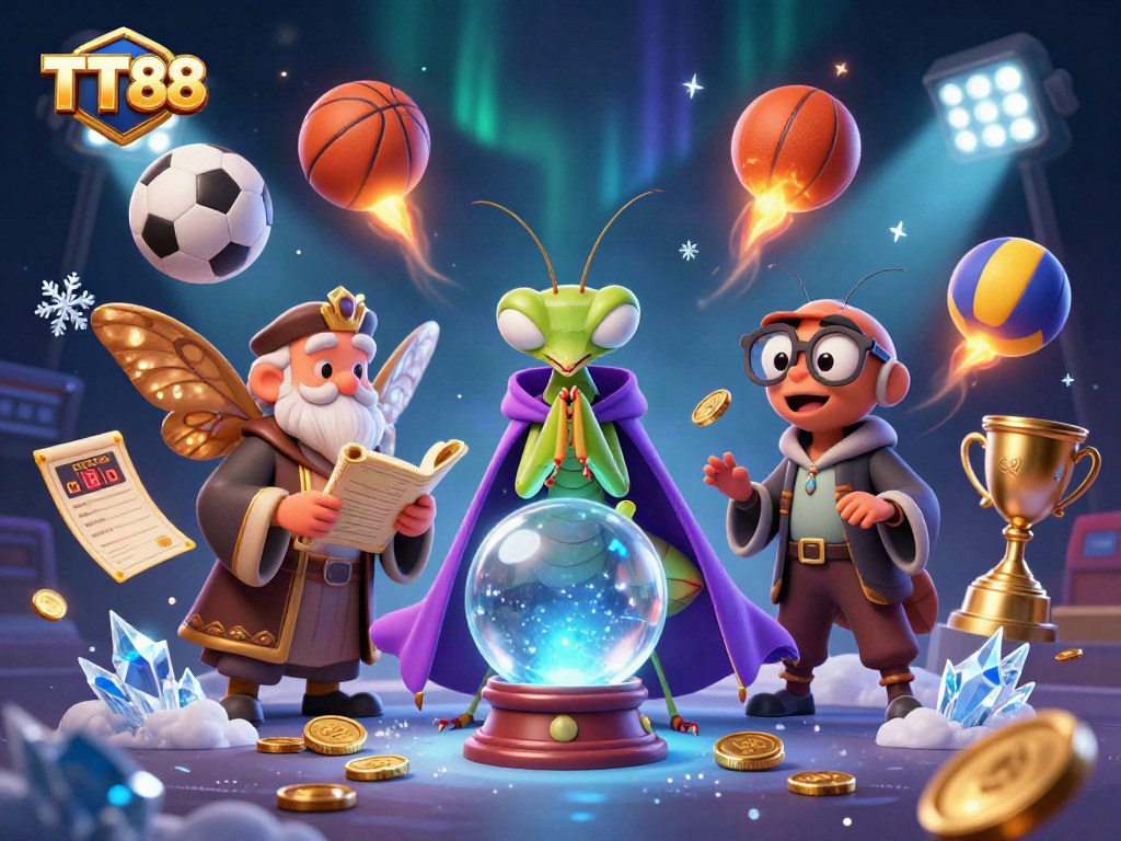 Experience TT88's action with dynamic sports elements flying in a vibrant casino scene