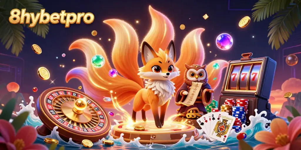 Experience the thrill of 8xbetpro with an enchanting 3D scene of a fox spirit, gems, and casino elements.