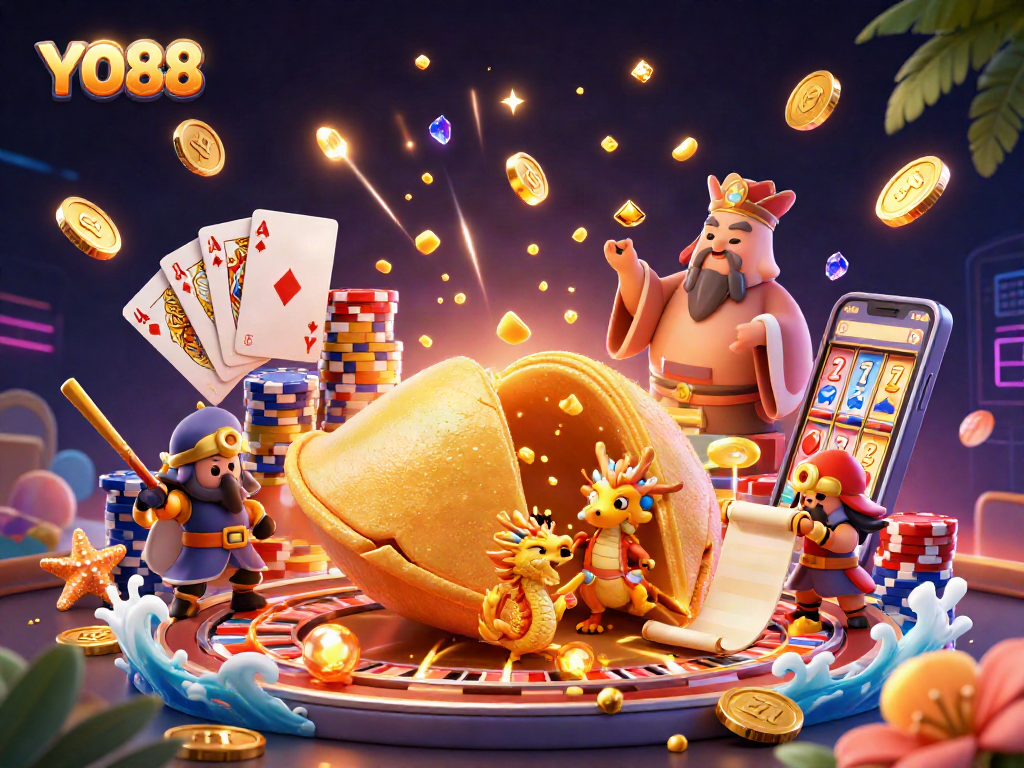 YO88 showcases thrilling gaming with a vibrant scene of golden fortune and excitement.