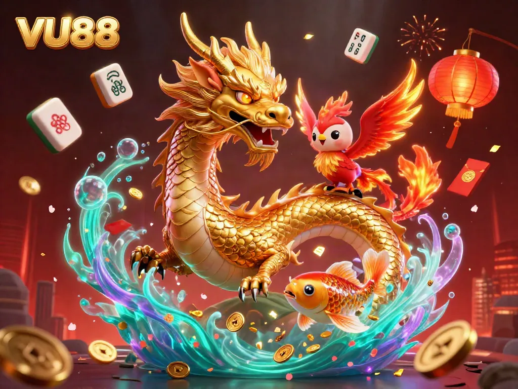 Experience the excitement of VU88 with a dazzling scene featuring a dragon, phoenix, and koi fish amidst casino elements.