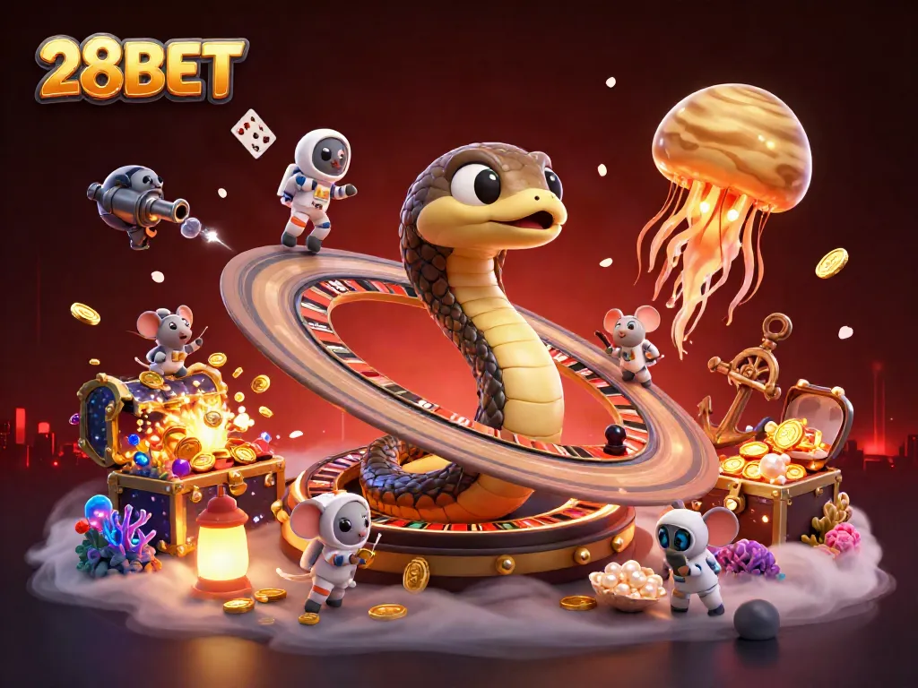 Betting at 28BET with a cosmic dealer and roulette lunar scene, showcasing gambling excitement.