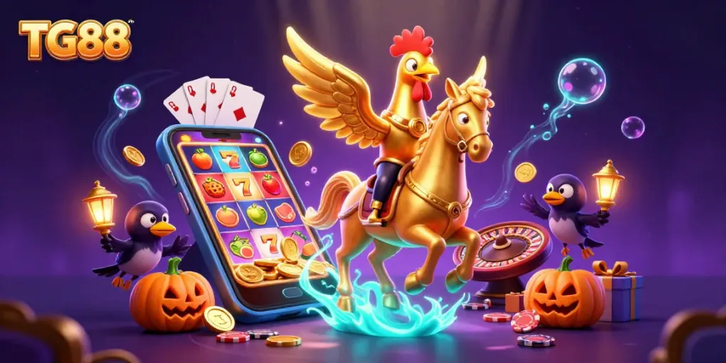 Engage with TG88 at the casino, featuring a golden rooster and vibrant slot game elements.