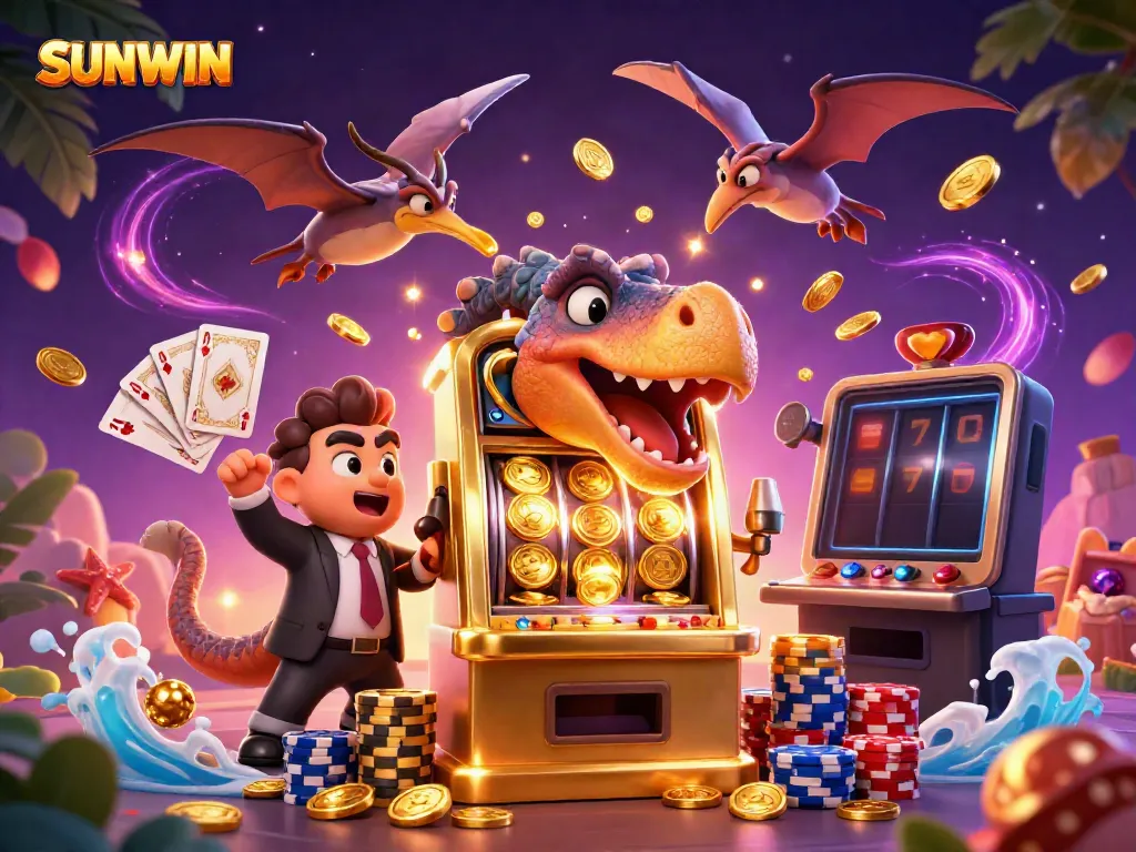 Experience excitement with SUNWIN as a dino headbutts a slot machine, coins flying everywhere!