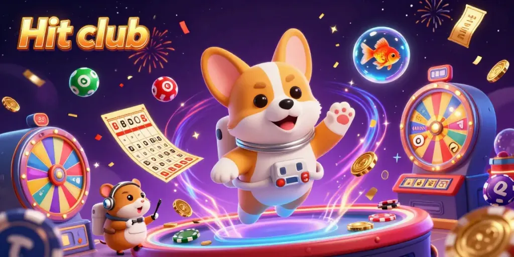 Hit club scene featuring a corgi astronaut in a space casino, surrounded by vibrant lottery elements.