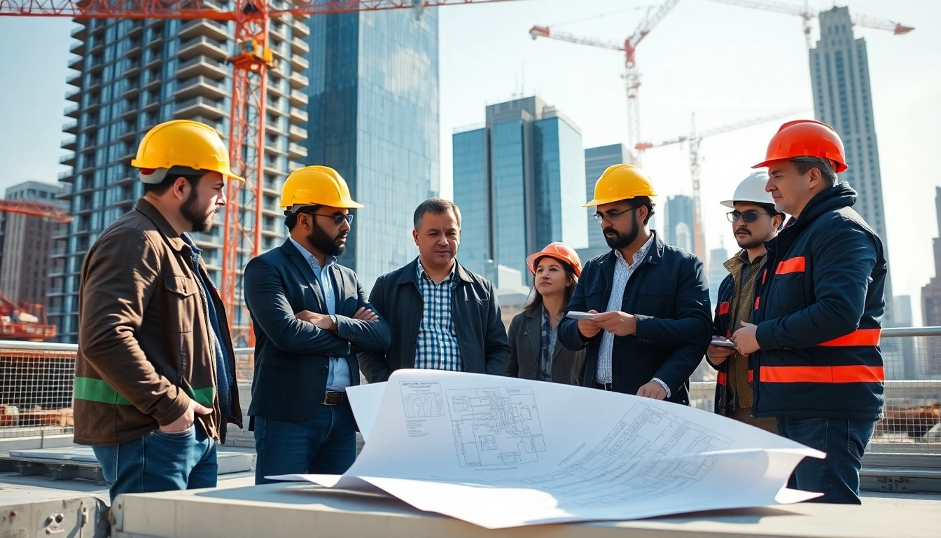 New York City Commercial General Contractor team reviewing blueprints on a bustling construction site.