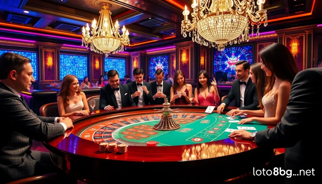 Exciting gambling atmosphere at loto188.gb.net with players enjoying roulette and poker games.