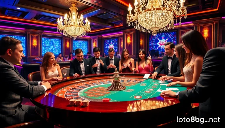 Exciting gambling atmosphere at loto188.gb.net with players enjoying roulette and poker games.