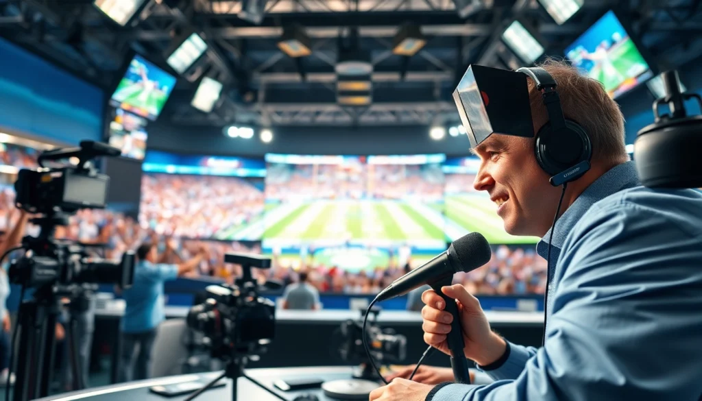 Enthusiastic broadcaster delivering sports broadcasting from a vibrant studio.