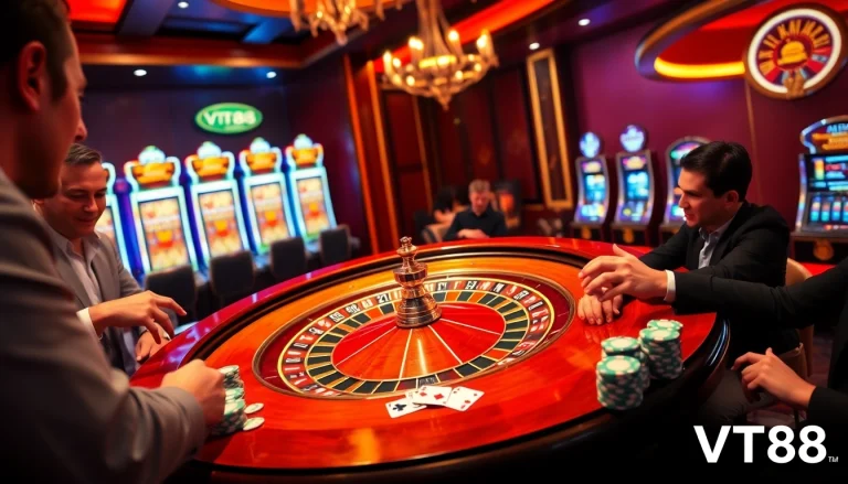 Experience the thrill of VT88 gaming with vibrant roulette and excited players.