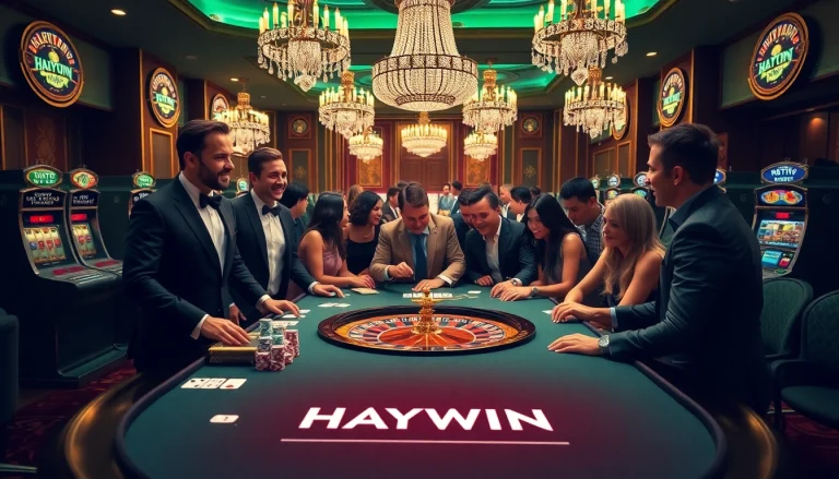 Engage in exhilarating gameplay at the HAYWIN casino table filled with poker chips and cards.