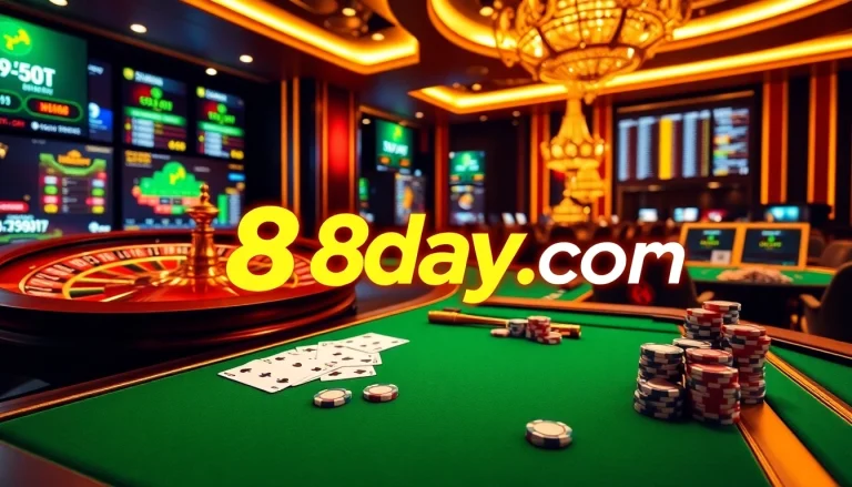 Engaging gaming scene with 8day.cn.com highlighting roulette, poker chips, and vibrant casino atmosphere.