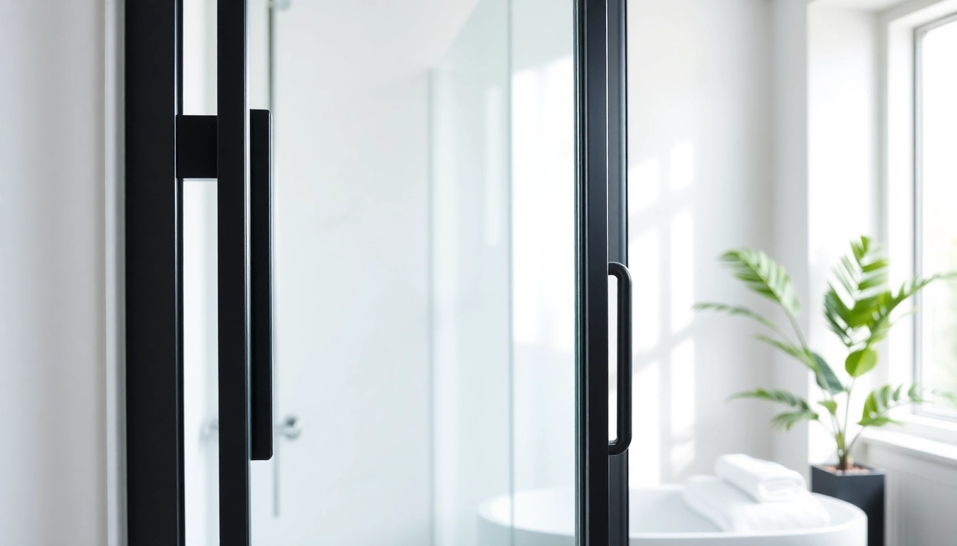 Showcasing black frame shower doors in a modern bathroom with sleek lines and a minimalist design.