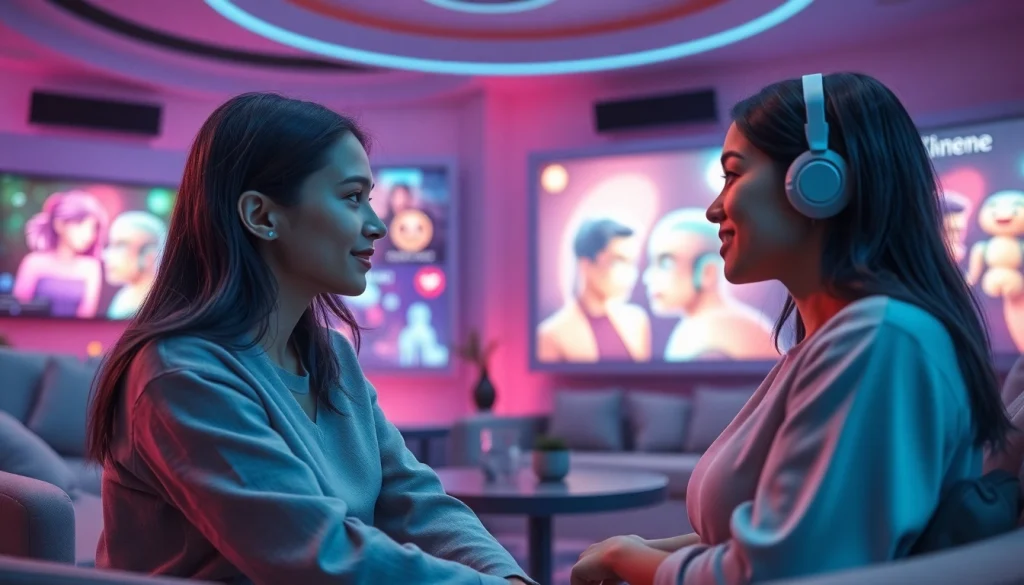 Engaging with a lifelike AI girlfriend in a futuristic digital lounge.
