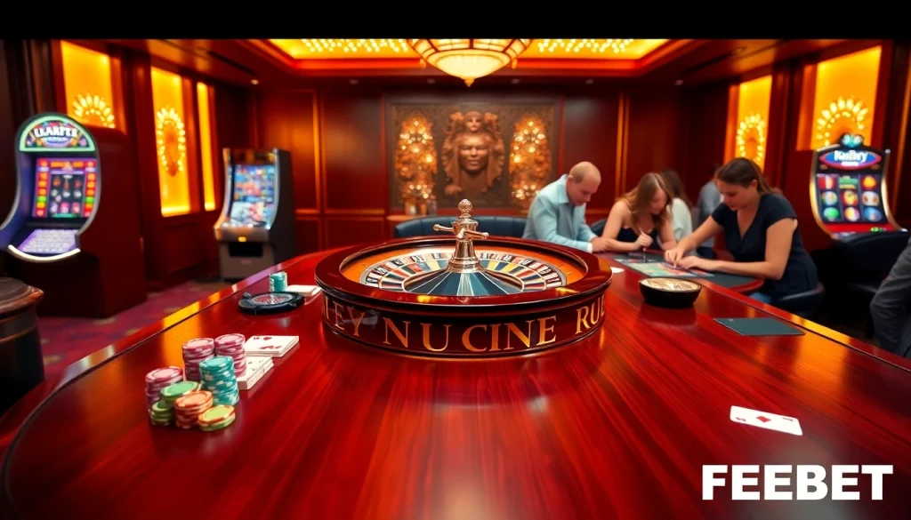 FEBET players strategizing their bets at a vibrant casino table with chips and cards.