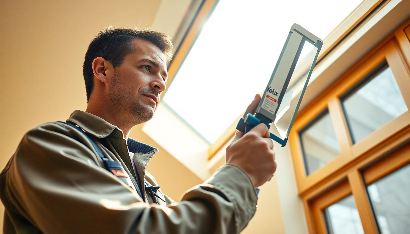 Velux repairs by expert technician on a skylight in a bright room.