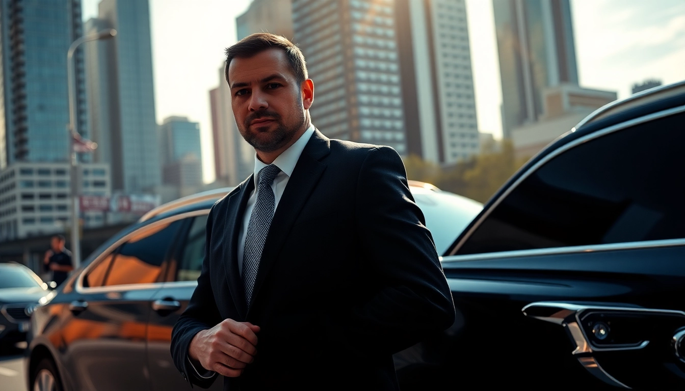 HKSSC Bodyguard Service exemplified by a professional bodyguard next to a luxury vehicle.