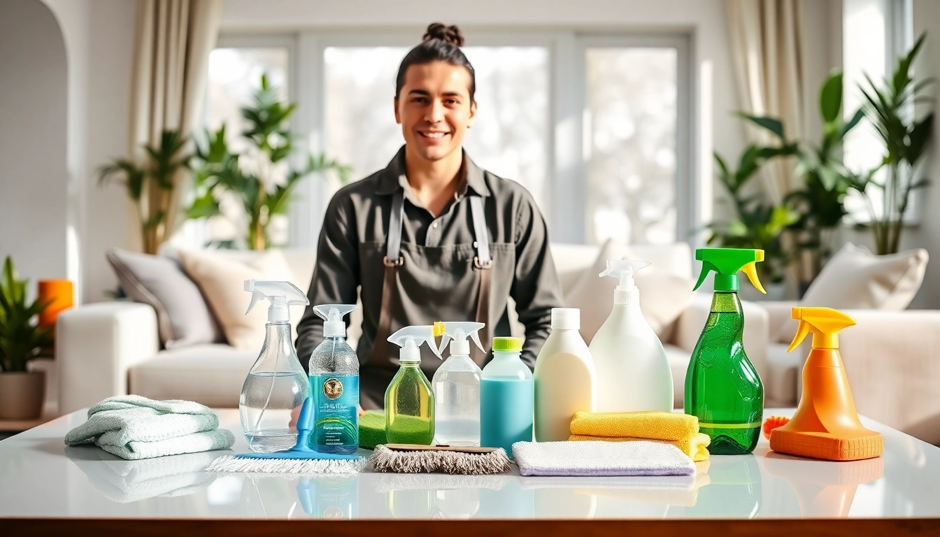 Cleaning services near me showcased by a professional in a bright living room setting.