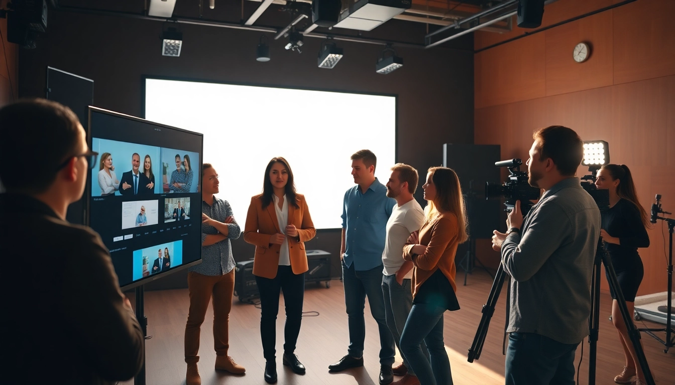Engage in corporate video production with a diverse team in a bright studio setting.