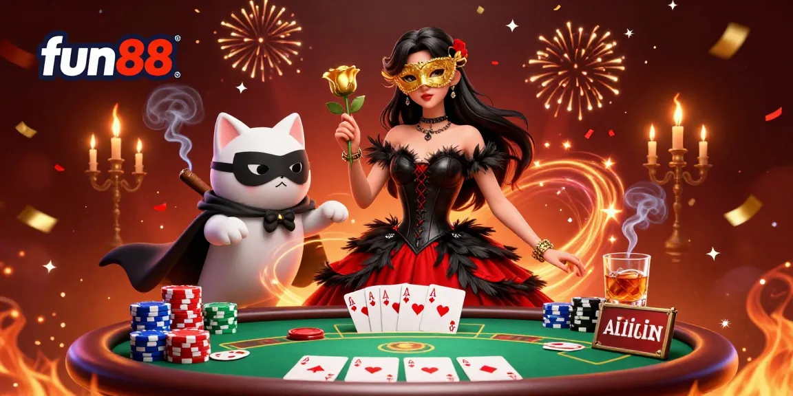 Win big with fun88 in this vibrant, ultra-detailed 3D casino scene featuring poker chips and dramatic characters.