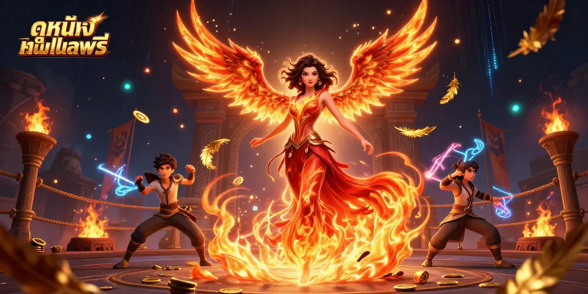 Engage with ดูหนังออนไลน์ฟรี in a vibrant casino-themed illustration featuring a stunning Asian woman and dynamic gaming elements.