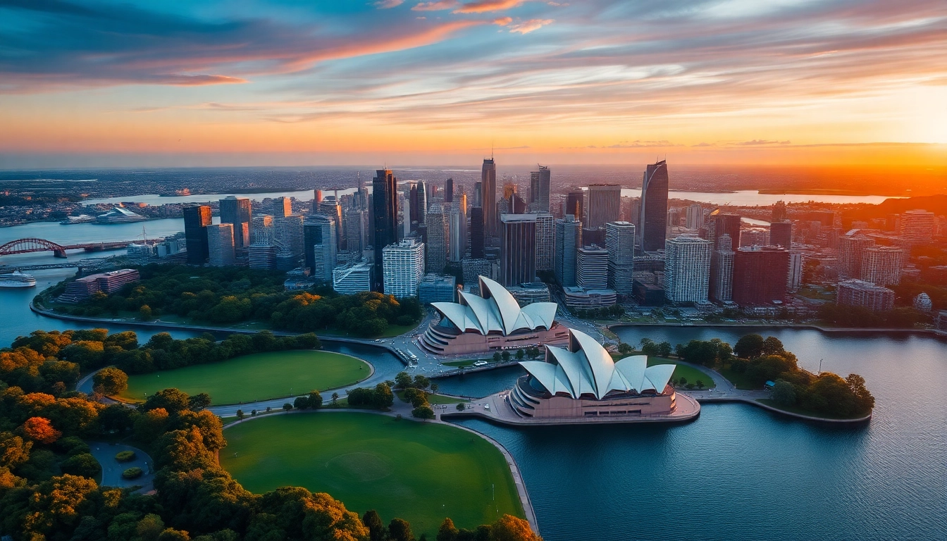 A beautiful sunset over the skyline of Australia with the Sydney Opera House illuminated.